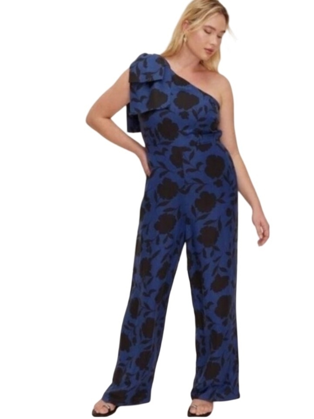 kate spade Navy Blue and Black One-Shoulder Floral Jumpsuit
